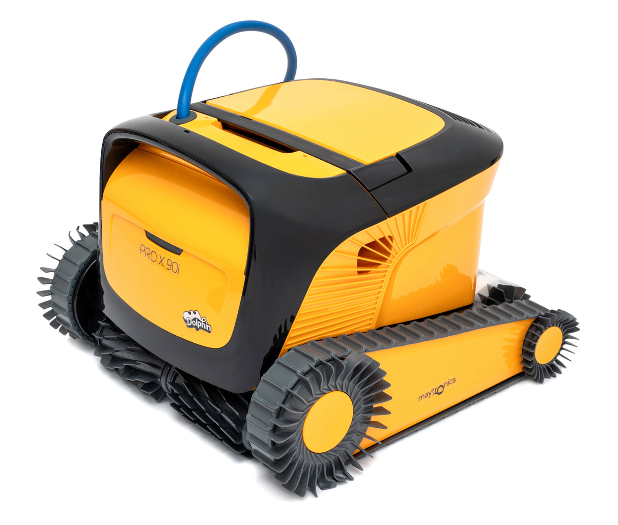 Robot piscina Dolphin PROX 90i giallo e nero su cingoli, adatto per piscine fino a 20 metri.