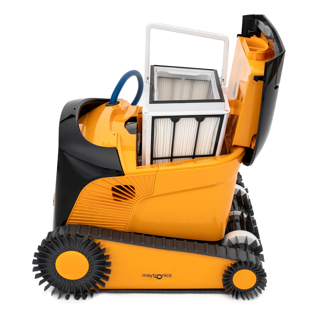 Robot piscina Dolphin PROX 90i con coperchio aperto e filtro visibile, su sfondo bianco.