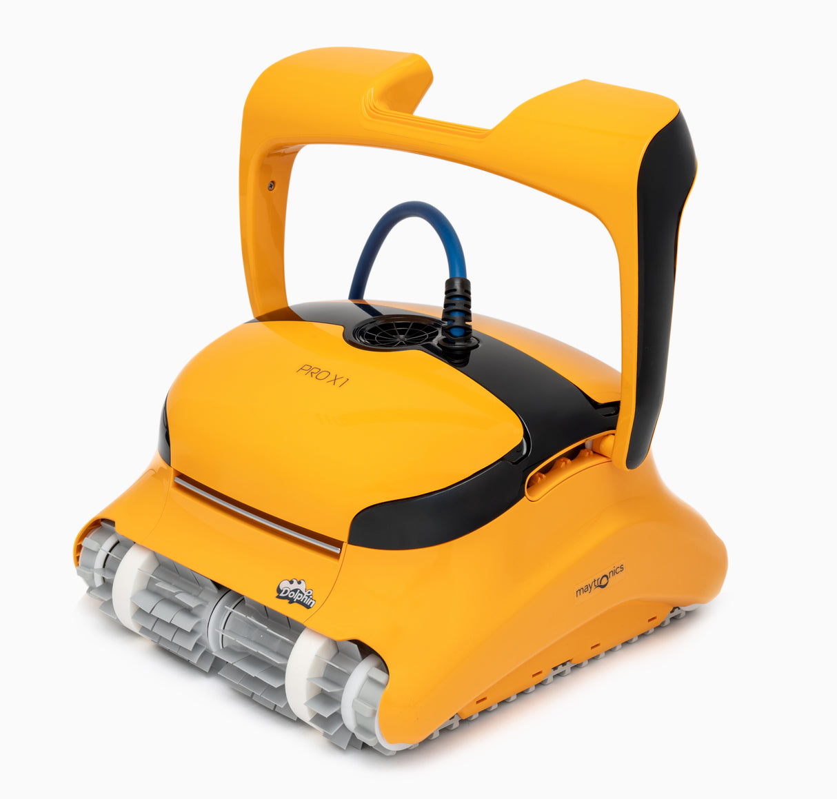 Robot piscina Dolphin PRO X1 giallo, design compatto, con manico e spazzole, per piscine fino a 20 metri.