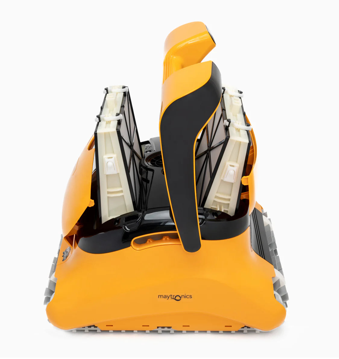 Robot piscina Dolphin PRO X1 con coperchio aperto, colore arancione e nero, vista frontale.