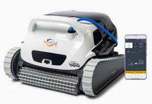Robot piscina Dolphin Poolstyle 35i con app MyDolphin Plus, cingoli grigi e smartphone con interfaccia app.