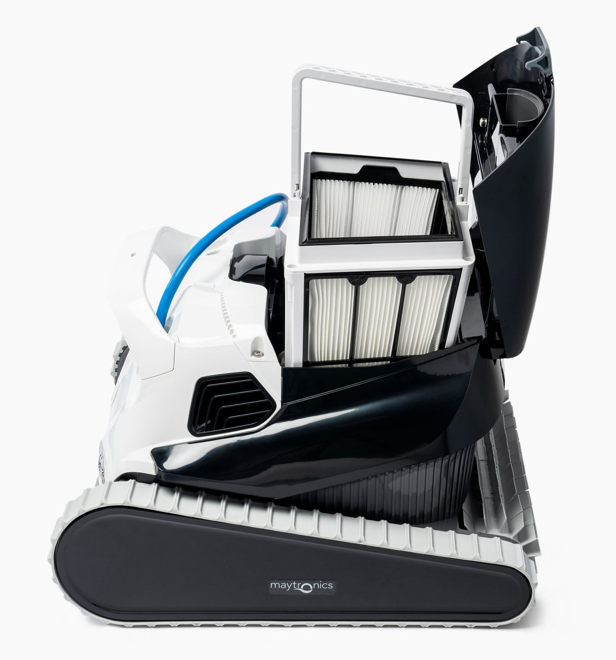 Dolphin Poolstyle 35 robot piscina con coperchio aperto, filtro visibile, cingoli grigi.