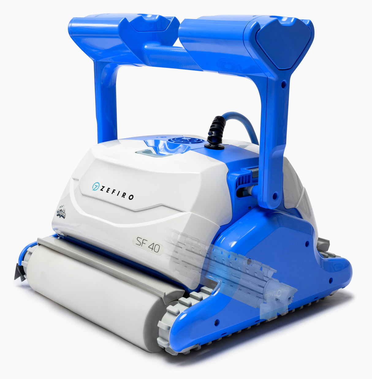 Robot piscina Dolphin ZEFIRO SF40 Active Gyro, colore blu e bianco, su sfondo bianco.