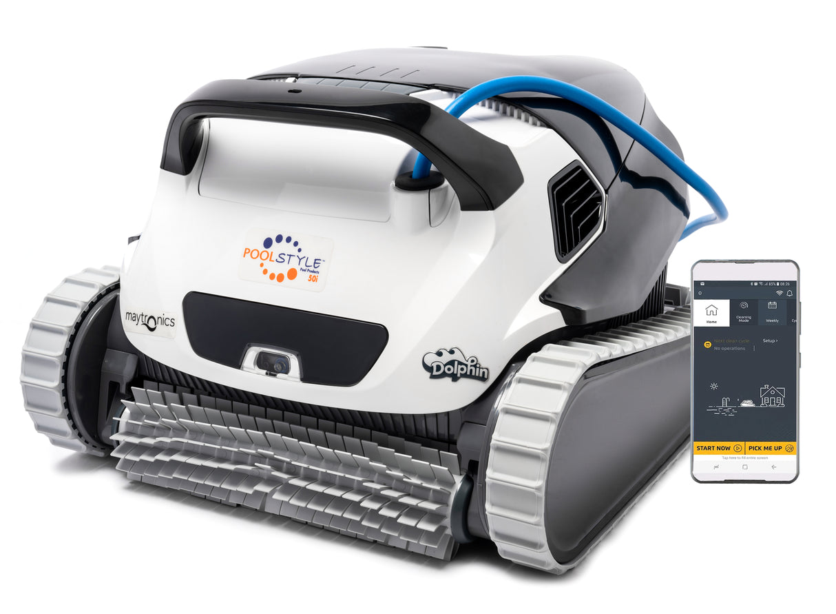 Robot piscina Dolphin Poolstyle 50i con app su smartphone, cingoli grigi, adatto a piscine fino a 15 metri.
