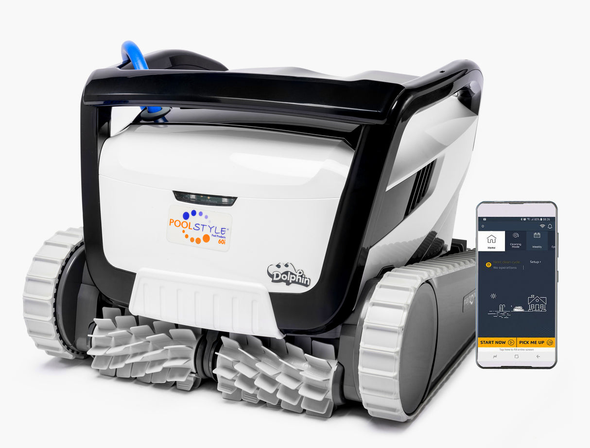 Robot piscina Dolphin Poolstyle 60i con app su smartphone, adatto per piscine fino a 15 metri.