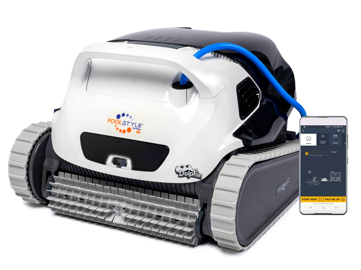Dolphin Poolstyle 40i robot piscina con app mobile, cavo blu, su fondo bianco.