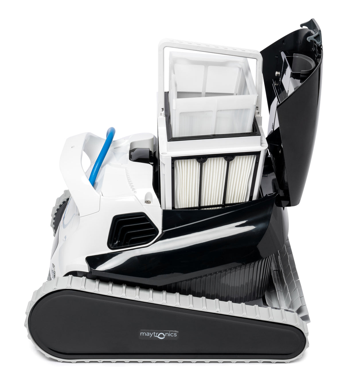 Robot piscina Dolphin Poolstyle 40i con coperchio aperto, mostra il filtro interno e i cingoli laterali.