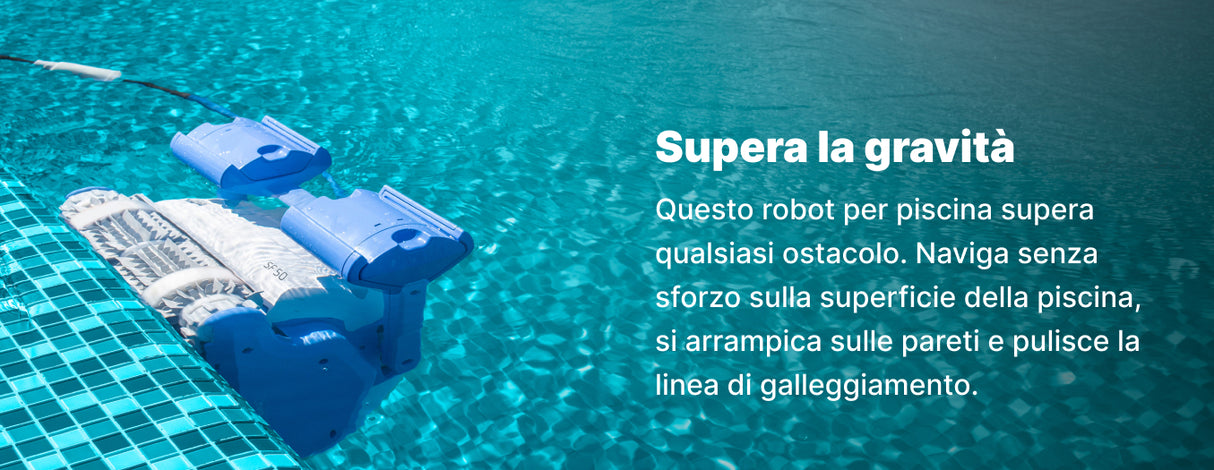 Robot piscina Dolphin SF50 in azione sul bordo, acqua blu sullo sfondo.