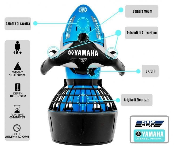 Acquascooter Seascooter Yamaha RDS250 a Batteria - Propulsore Subacqueo - Km/h 4 - Profondità Mt 30