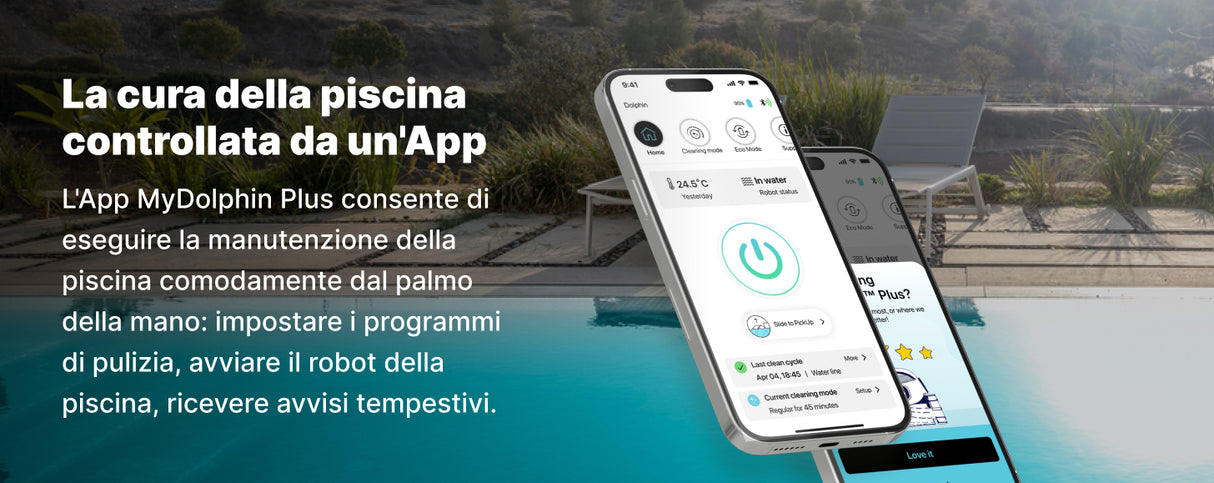App MyDolphin Plus su smartphone, bordo piscina, mostra controllo robot Dolphin Poolstyle 60i.