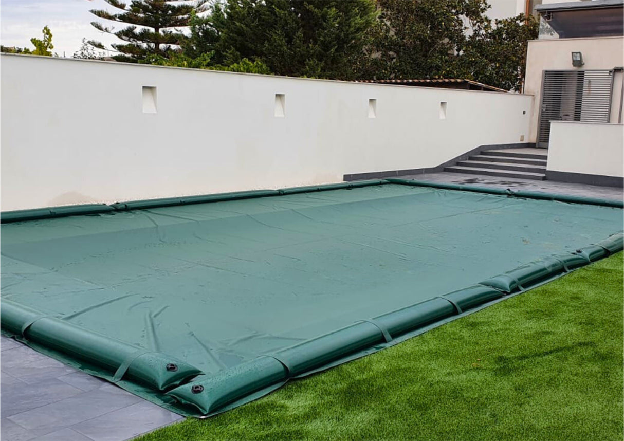 Telo di Copertura Invernale 7,40X 10,40 MT per Piscina 6X9 MT con Tubolari Perimetrali & Asole + BORDATURA con RISVOLTO & DOPPIA CUCITURA - Made in Italy - 240 gr/mq