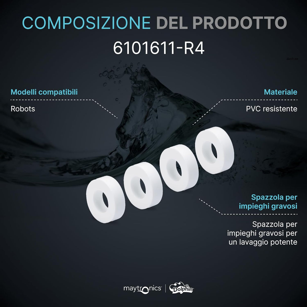 Anello Wonder Kanebo PVA per spazzole robot piscina Maytronics Dolphin, modello 6101611, PVC resistente.