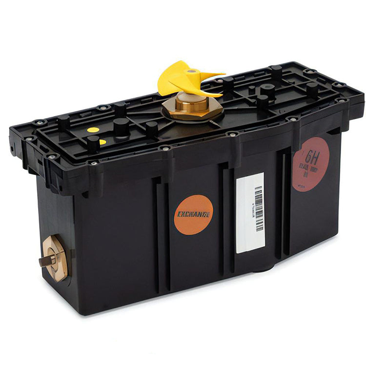 Box motore con centralina per robot piscina Maytronics Dolphin Dynamic Pro X2, colore nero, vista laterale.