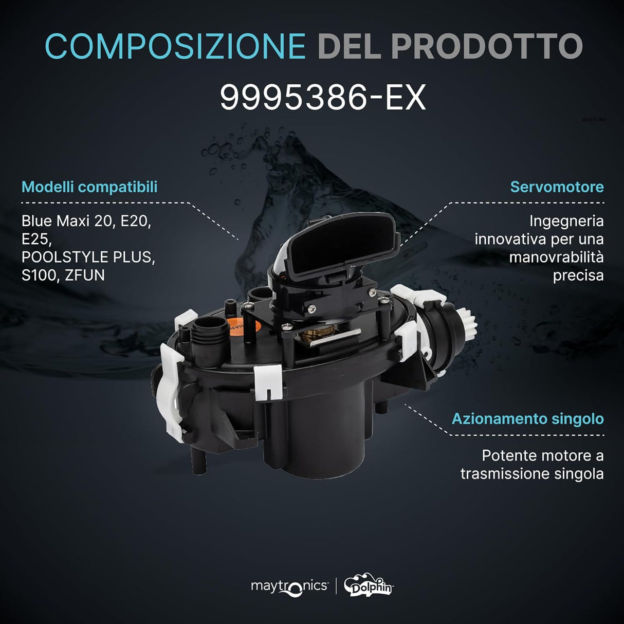 Box motore con centralina per robot piscina Maytronics Dolphin, modelli compatibili elencati.