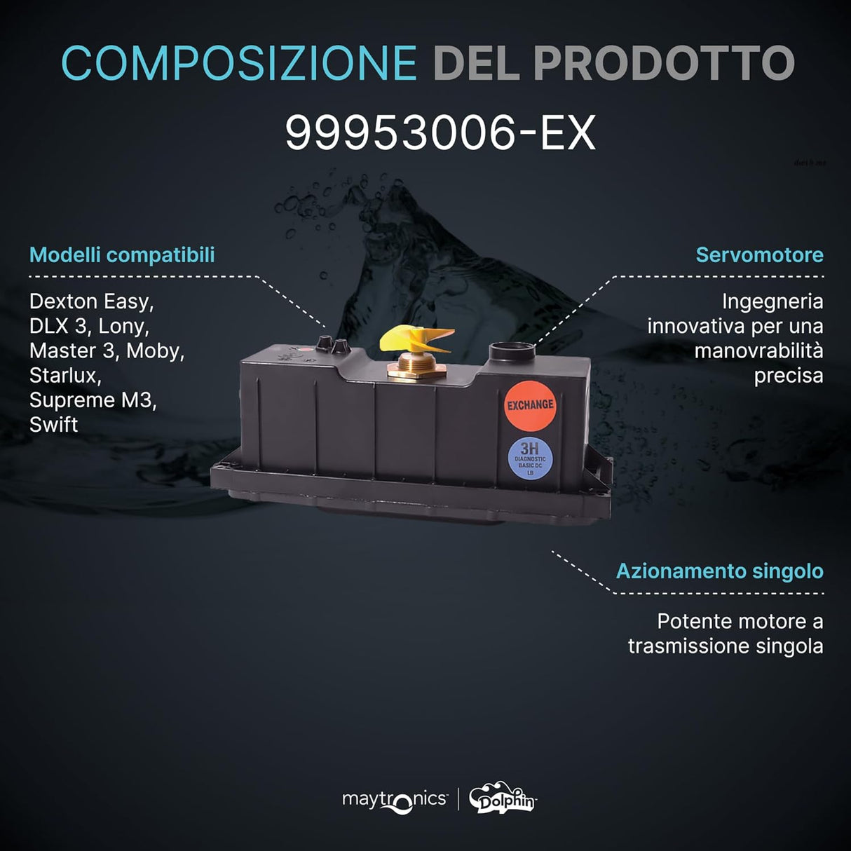 Box motore con centralina per robot piscina Maytronics Dolphin, modello 99953006-EX, su sfondo scuro.