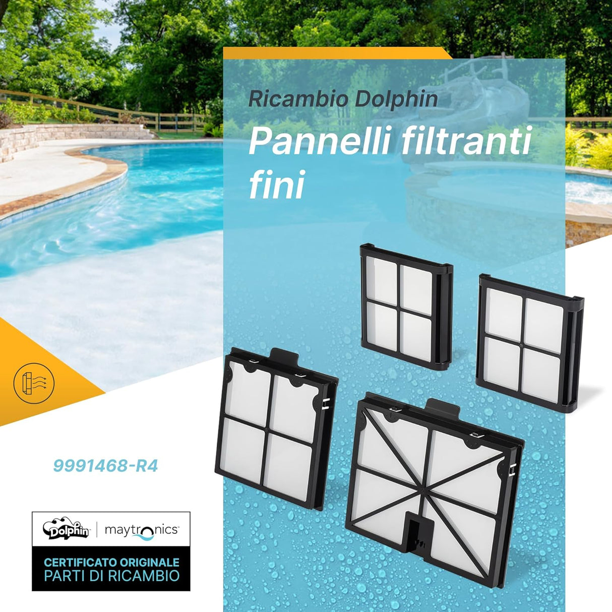 Cartucce filtro 100 micron per robot piscina Maytronics Dolphin, quattro pezzi su sfondo piscina.