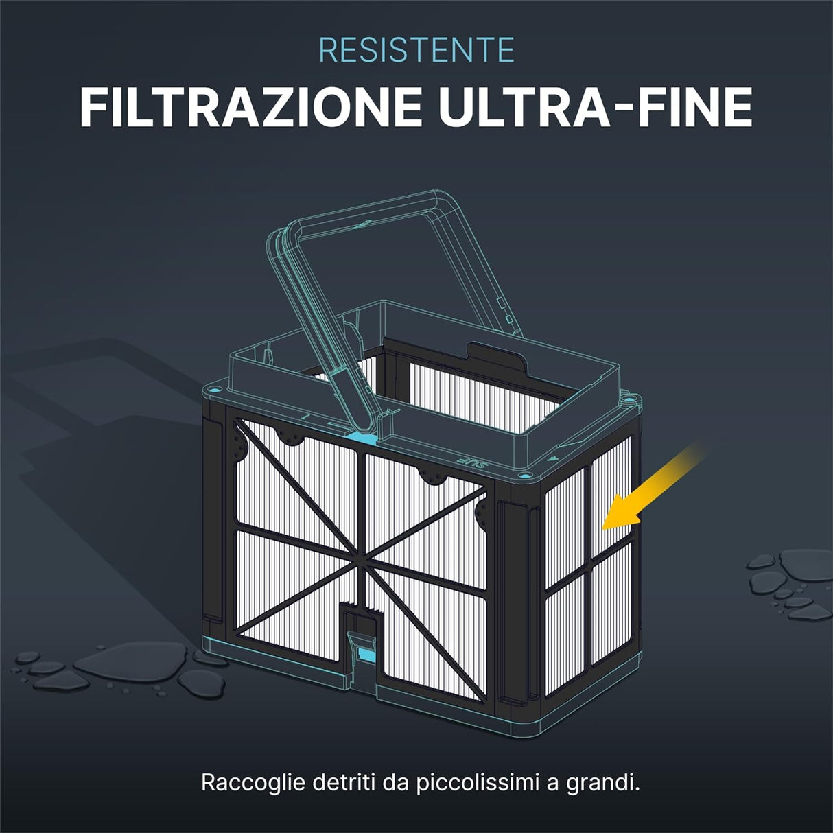 Cartucce filtro ultra fine 50 micron per robot piscina, illustrazione con freccia e testo descrittivo.