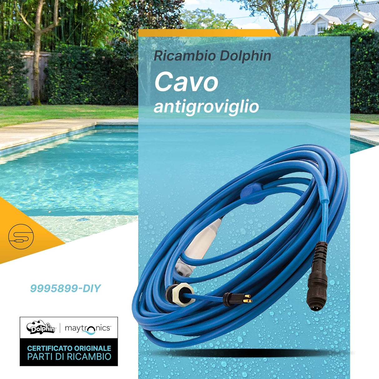 Cavo galleggiante blu 18 mt con swivel e connettori per robot piscina Maytronics Dolphin.