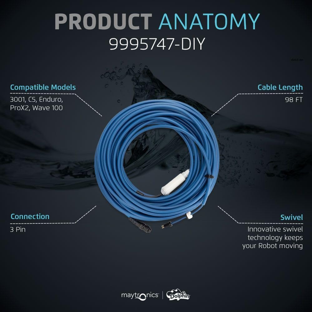 Cavo galleggiante blu 30m con swivel e connettori 3 PIN per robot piscina Maytronics Dolphin.