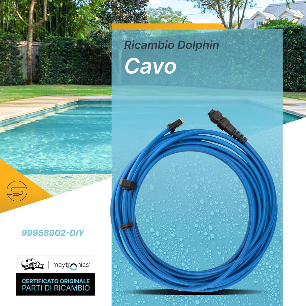 Cavo galleggiante blu da 12 metri con connettori per robot piscina Maytronics, in ambiente piscina.