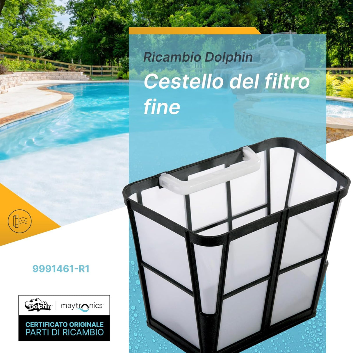 Cestello filtro 100 micron per robot piscina Dolphin, vista frontale con piscina sullo sfondo.