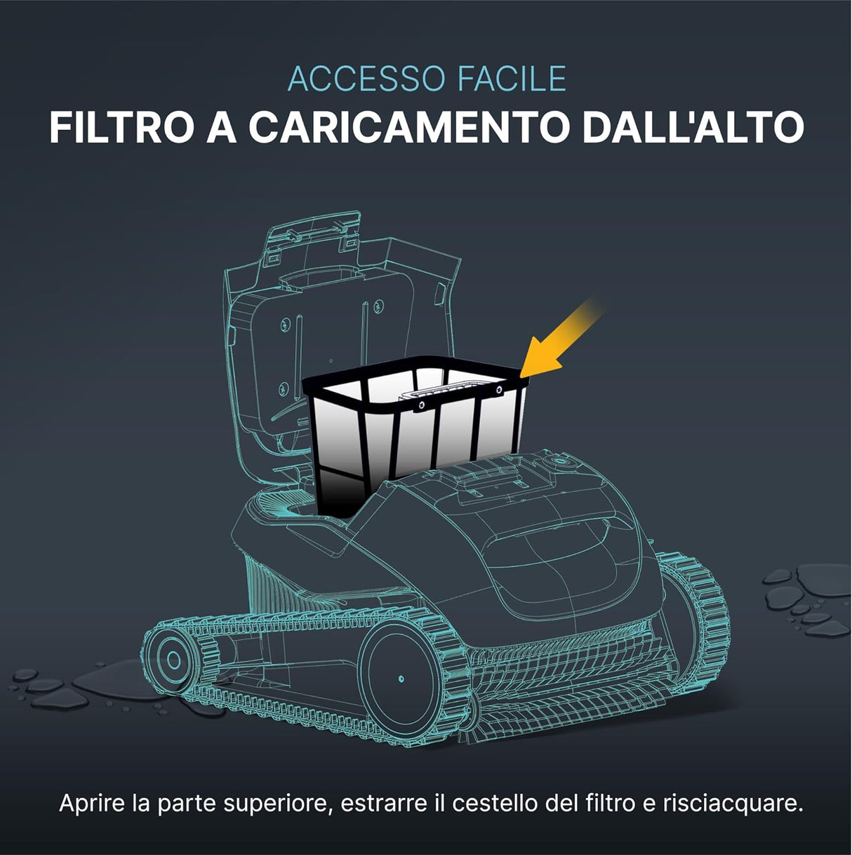 Cestello filtro 100 micron per robot piscina Maytronics Dolphin, mostrato in sezione con accesso dall'alto.