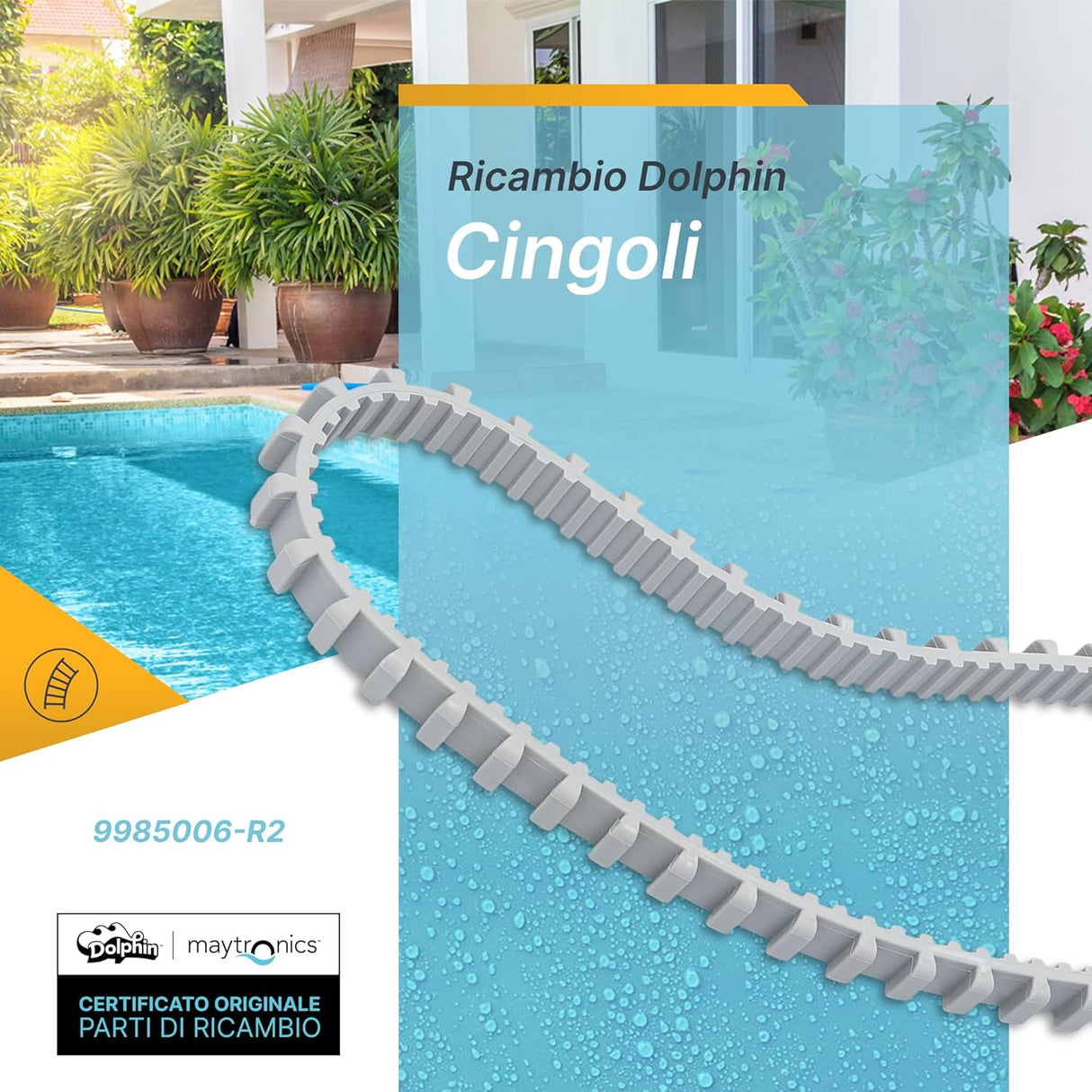 Cingolo di trazione per robot piscina Maytronics Dolphin, sfondo piscina e piante.