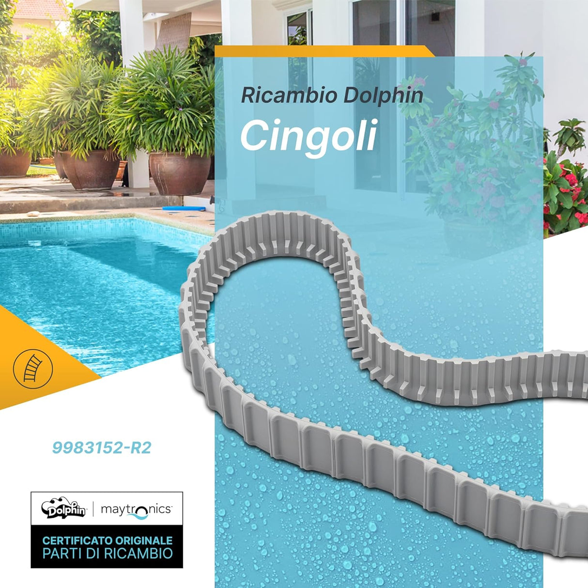 Cingolo grigio di ricambio per robot piscina Maytronics Dolphin, bordo piscina sullo sfondo.