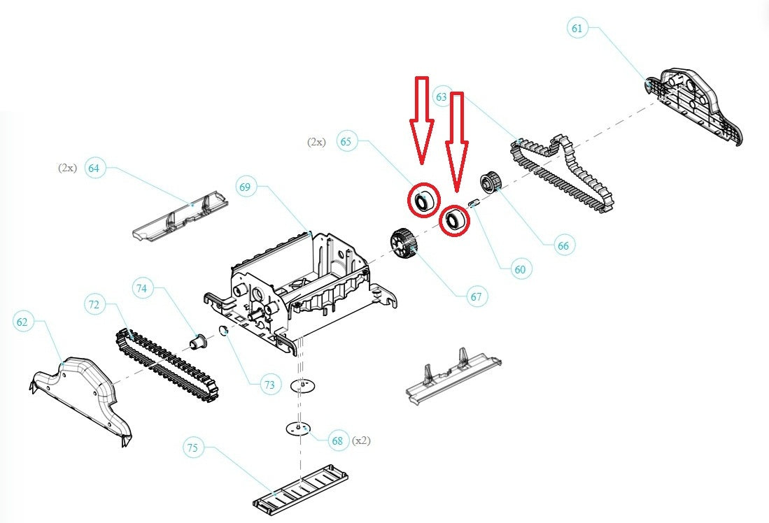 Cuscinetto disco guida cingolo per robot piscina, evidenziato in esploso tecnico.