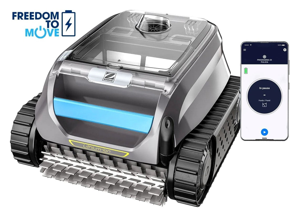 Robot piscina Zodiac Freedom OF 42 iQ Gyro, cordless, con app di controllo su smartphone.