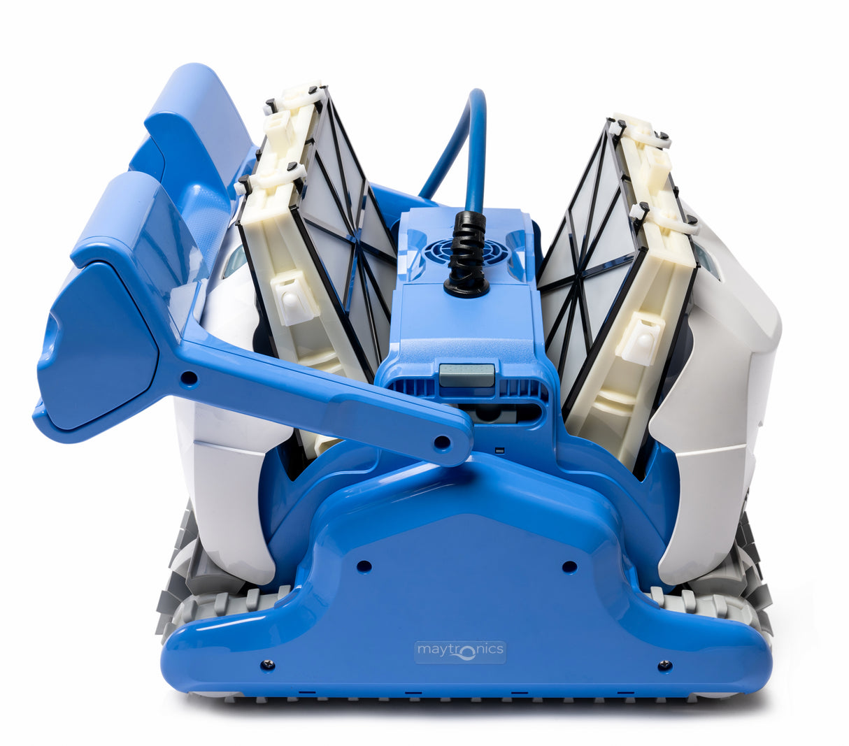 Robot piscina Dolphin ZEFIRO SF40, vista frontale con coperchio aperto e filtri visibili.