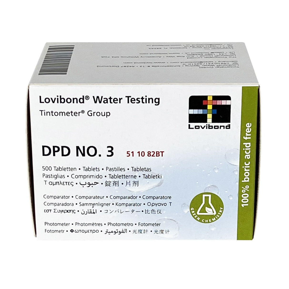 500 pastiglie DPD3 Lovibond per misurazione cloro totale, confezione con testo multilingue.