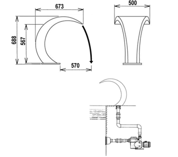 Cascata Mezzaluna Flexinox Bali Satinata in Acciaio Inox AISI 316 per Piscina - Larghezza Getto Cm. 50
