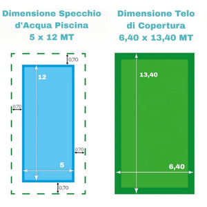 Telo di Copertura Invernale 6,40X 13,40 MT per Piscina 5X12 MT con Tubolari Perimetrali & Asole + BORDATURA con RISVOLTO & DOPPIA CUCITURA - Made in Italy - 240 gr/mq