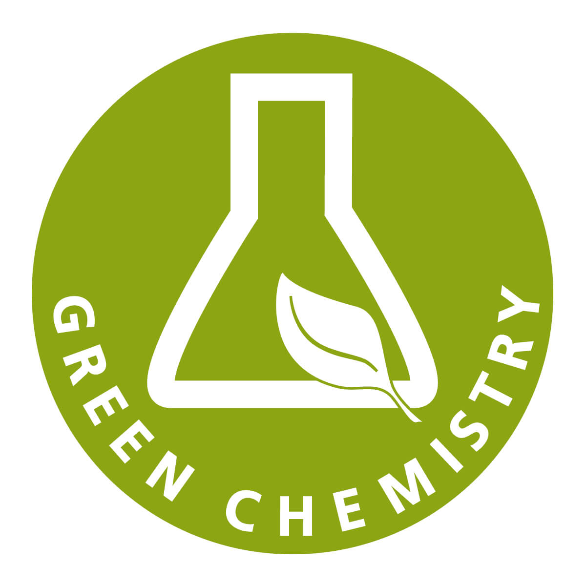 Logo Green Chemistry con beuta bianca e foglia verde su sfondo circolare verde.
