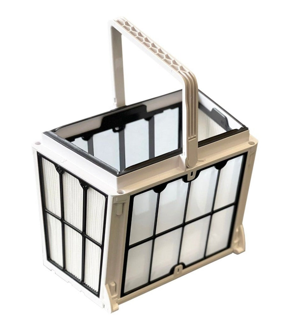 Cestello filtrante grande per robot piscina, struttura bianca e nera con maniglia superiore.