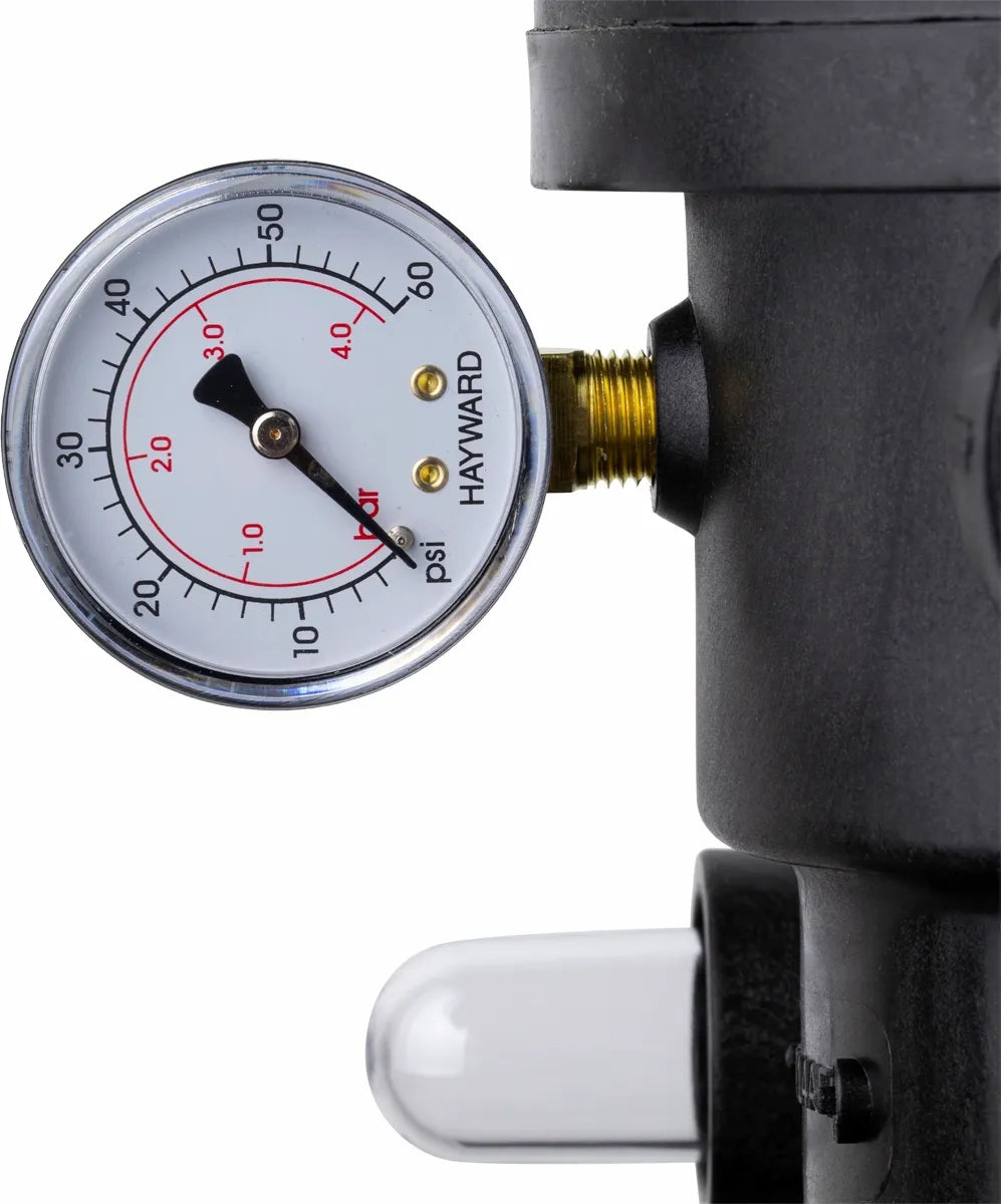 Manometro del filtro a sabbia Hayward PowerLine con valvola superiore per piscina.