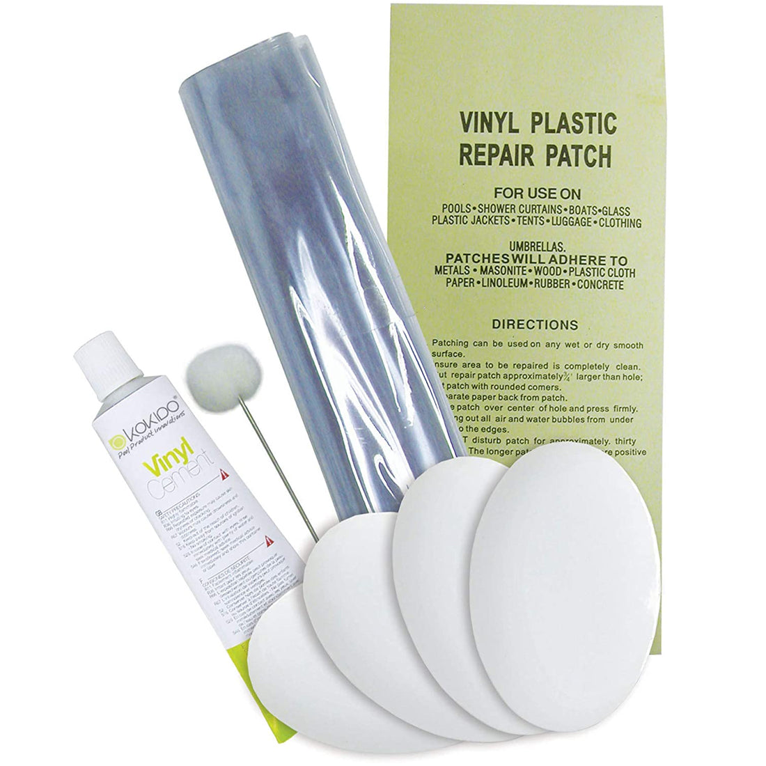Kit di riparazione liner piscina con colla, toppe e istruzioni.