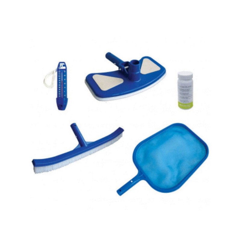 Kit manutenzione piscina: retino, kit analisi acqua, aspirafango, termometro e spazzola.
