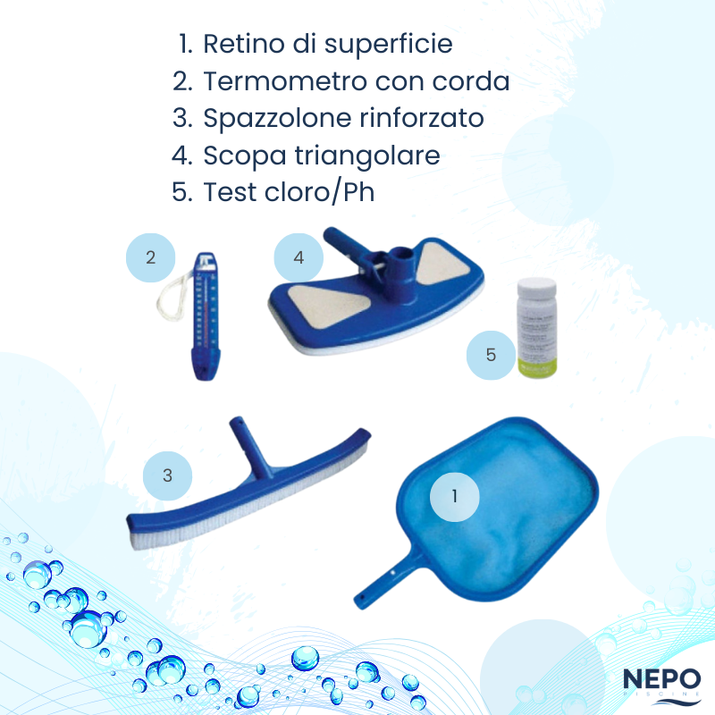 Kit manutenzione piscina: retino, termometro, spazzolone, scopa triangolare, test cloro/Ph.