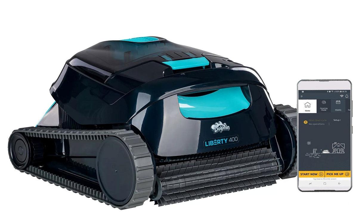 Robot piscina Dolphin Liberty 400i con app Bluetooth, mostrato accanto a smartphone con app MyDolphin.