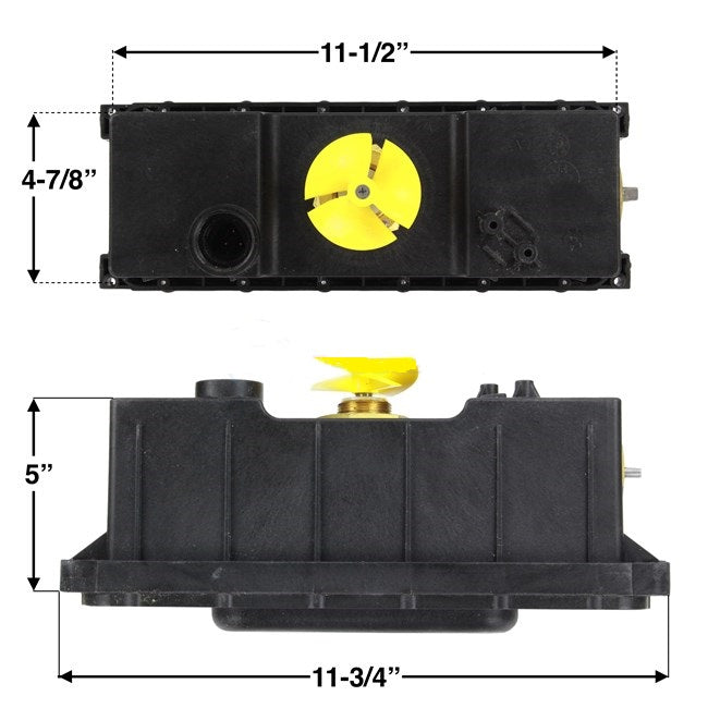 Box motore con centralina per robot piscina Maytronics Dolphin, vista dall'alto e laterale con misure.