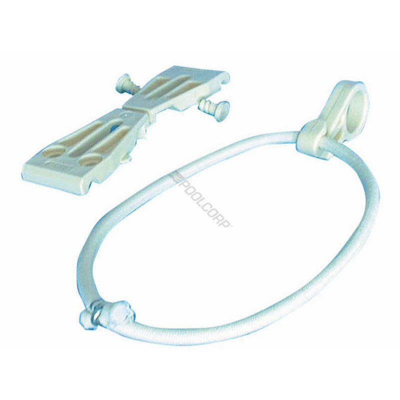 Corda elastica beige con clip a morsetto per telo copertura invernale piscina.