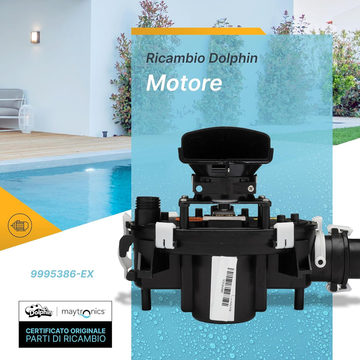 Motore di ricambio per robot piscina Maytronics Dolphin, modello 9995386-EX, vicino a bordo piscina.