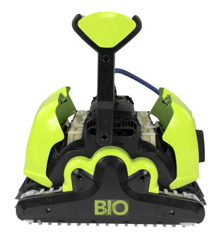 Robot piscina Dolphin Supreme M5 Bio-Suction, verde e nero, visto frontalmente.