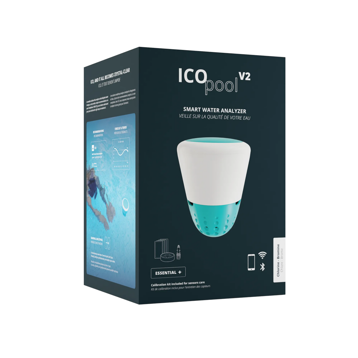 Rilevatore Ondilo ICO SPA V2 per parametri acqua, confezione illustrata su sfondo scuro.
