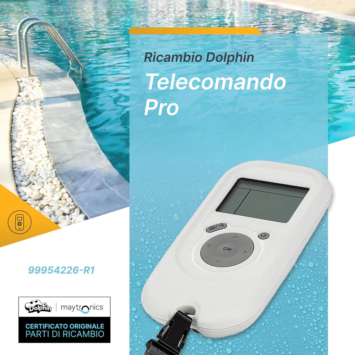 Radiocomando PRO per robot piscina Dolphin, vicino a bordo piscina con acqua e ciottoli.