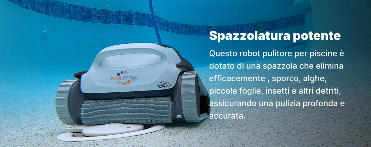 Robot piscina Dolphin PoolStyle AG Plus in azione sul fondo, pulendo efficacemente detriti e alghe.