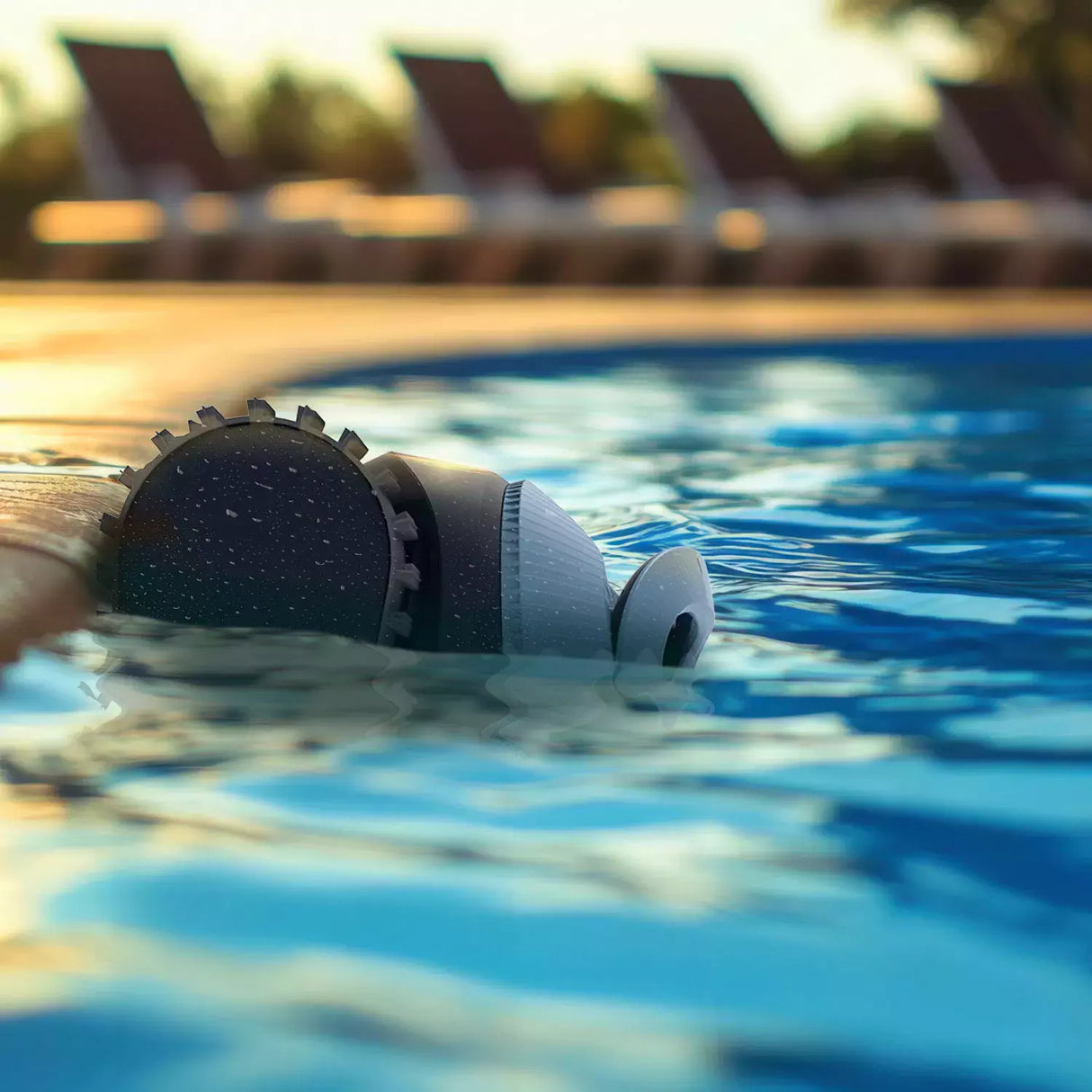 Robot piscina Dolphin Eon 100i cordless in azione vicino al bordo piscina al tramonto.