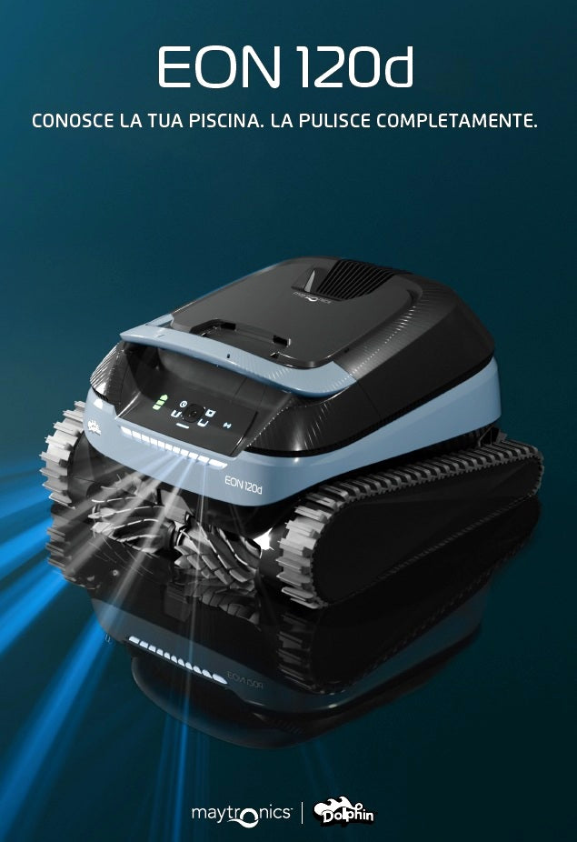 Robot piscina Dolphin Eon 120d su sfondo blu, con cingoli e luci LED accese.